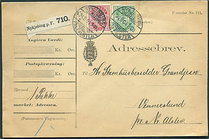 5 øre og 10 øre Våben på adressebrev for pakke fra Nykjøbing paa Falster d. 24.8.1904 til Vennerslund pr. Nr. Alslev.