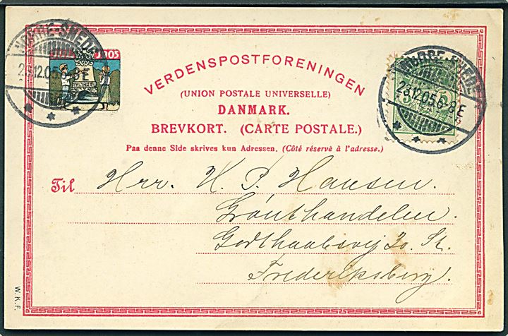 5 øre Våben på Julemærke helsagsbrevkort 1905 fra Nørre-Snede d. 23.12.1905 til Frederiksberg.
