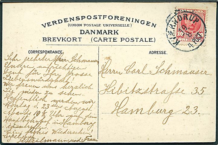 10 øre Fr. VIII på brevkort annulleret med lapidar Kværndrup d. 19.8.(1906) til Hamburg, Tyskland. Sen anvendelse af lapidar stempel, som blev benyttet som reservestempel i en periode i 1906.