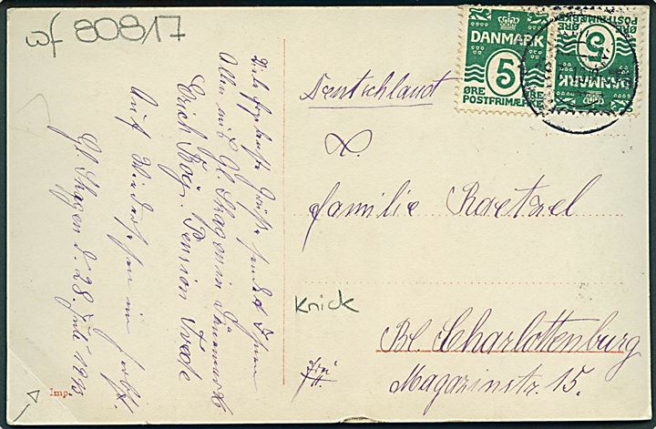 5 øre Bølgelinie (2) på brevkort (Krudttaarnet i Frederikshavn) annulleret med svagt aftryk af sjældent brotype IIb stempel Gammel Skagen d. 28.7.1913 til Berlin-Charlottenburg, Tyskland.
