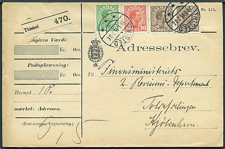 5 øre, 10 øre og 25 øre (2) Chr. X på 65 øre frankeret adressebrev for pakke fra Thisted d. 14.1.1915 til Kjøbenhavn.