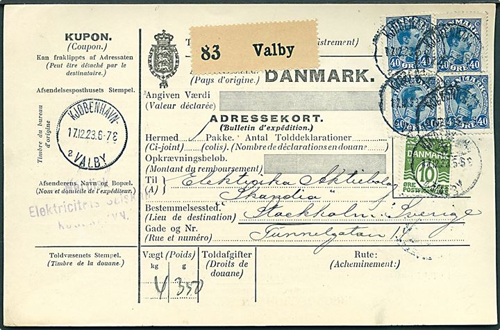 10 øre Bølgelinie og 40 øre Chr. X (4) på internationalt adressekort for pakke fra Kjøbenhavn-Valby d. 17.12.1923 til Stockholm, Sverige.