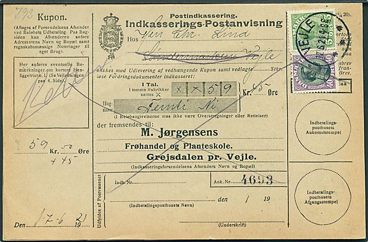 5 øre og 40 øre Chr. X på lokal retur Indkasserings-Postanvisning annulleret med brotype IIIb Vejle d. 17.6.1921.