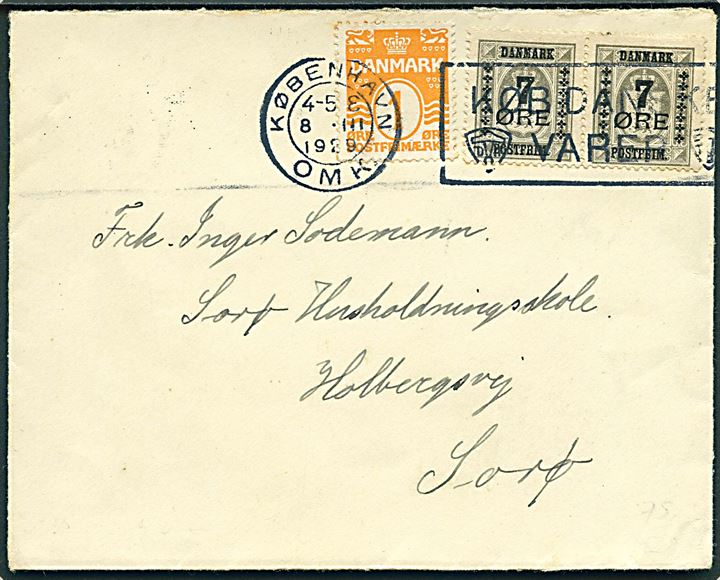 1 øre Bølgelinie og 7/3 øre Provisorium (par) på brev fra København d. 8.3.1929 til Sorø.