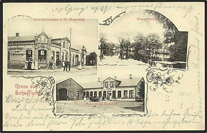 5 pfg. Germania på brevkort (Gruss aus Schafflund) stemplet Flensburg d. 6.8.1901 til Harrislee pr. Pattburg. Ank.stemplet Pattburg d. 7.8.1901. Fold.