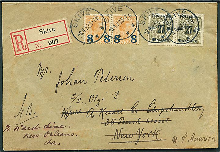8/7 øre (par) og 27/1 (par) Provisorium på anbefalet brev fra Skive d. 3.4.1923 til sømand ombord på S/S Olga S. til New York, USA - eftersendt til New Orleans.