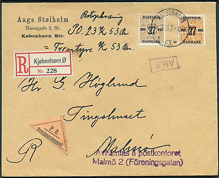 27/38 øre og 27/68 øre Provisorium på anbefalet brev med postopkrævning fra Kjøbenhavn d. 25.11.1918 til Malmö, Sverige. Rammestempel Afs. F..