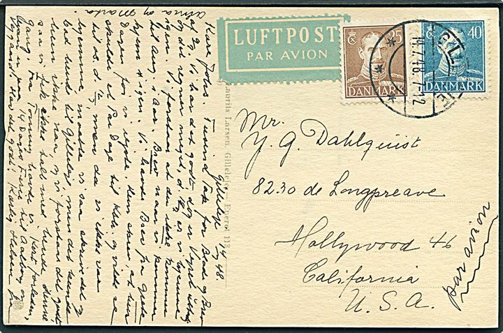 25 øre og 40 øre Chr. X på luftpost brevkort (Fyret ved Gilleleje) fra Gilleleje d. 14.7.1948 til Hollywood, USA.
