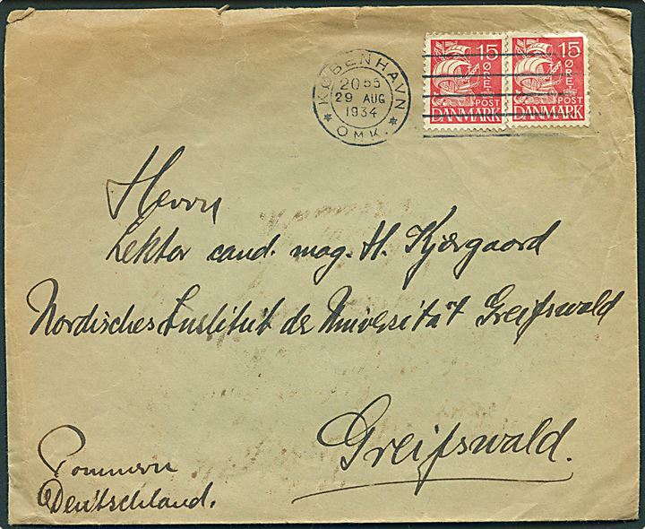 15 øre Karavel (2) på brev annulleret med forsøgs maskinstempel København OMK d. 219.8.1934 til Greifswald, Tyskland.