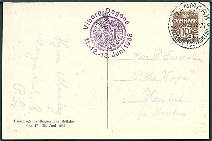 10 øre Bølgelinie på brevkort annulleret med særstempel Danmark * Det Rullende Postkontor * d. 12.6.1938 til Randers. Sidestemplet Viborg-Dagene 11.-12.-13. Juni 1938.