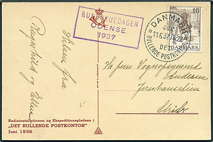 10 øre Regentjubilæum på brevkort annulleret med særstempel Danmark * Det rullende Postkontor * d. 11.6.1937 og sidestemplet Rundskuedagen Odense 1937 til Strib.