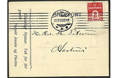 2 øre Bølgelinie single på lokal tryksag (Nytårshilsen fra Arbejdernes Forsamlingsbygning) i Aarhu d. 31.12.1913.