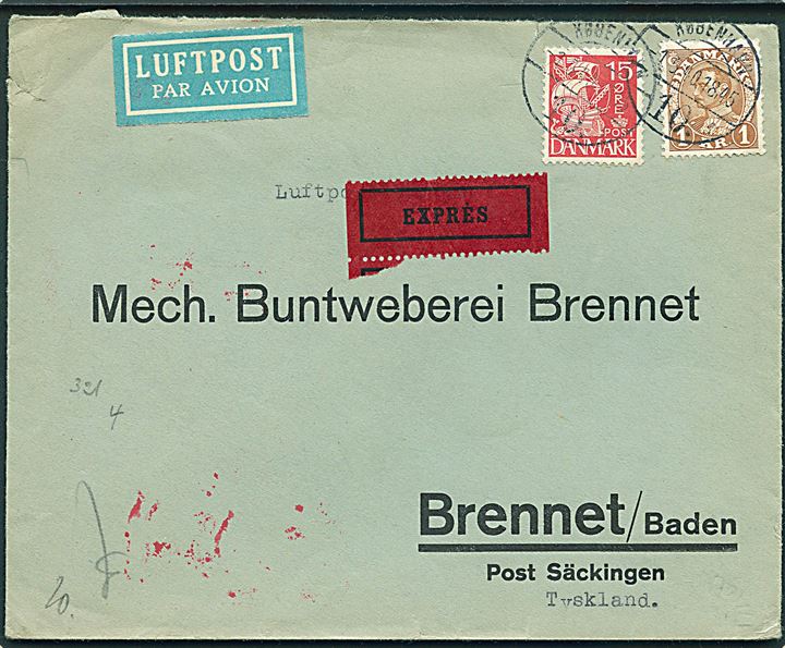 15 øre Karavel og 1 kr. Chr. X på luftpost ekspresbrev fra København d. 1.5.1940 til Brennet, Tyskland. Åbnet af tysk censur i Berlin.