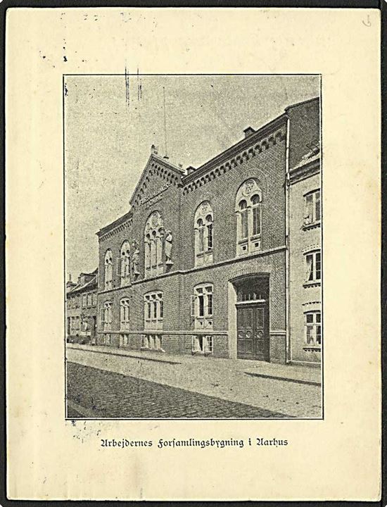 2 øre Bølgelinie single på lokal tryksag (Nytårshilsen fra Arbejdernes Forsamlingsbygning) i Aarhu d. 31.12.1913.