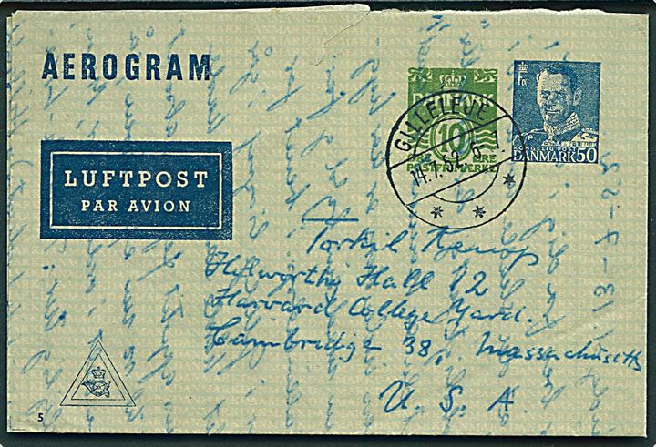 50+10 øre provisorisk helsags aerogram (fabr. 5) fra Gilleleje d. 14.7.1952 til Cambridge, USA.