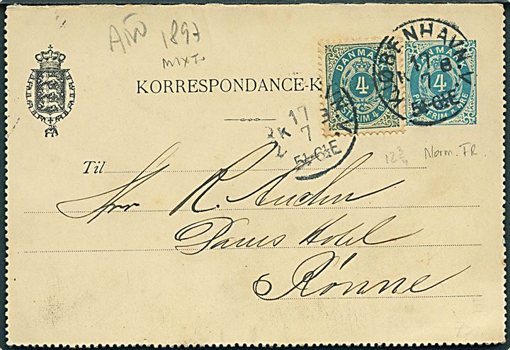 4 øre helsagskorrespondancekort opfrankeret med 4 øre Tofarvet fra Kjøbenhavn d. 17.7.1897 til Rønne, Bornholm.