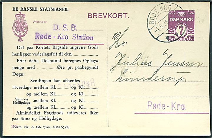 7 øre helsagsbrevkort (fabr. 113) med fortrykt meddelelse fra De danske Statsbaner sendt lokalt i Røde Kro d. 1.5.1935.