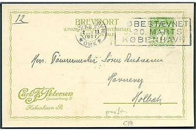 7 øre Bølgelinie med perfin C.F.P. på brevkort fra firma Carl F. Petersen i København d. 2.2.1927 til Holbæk.