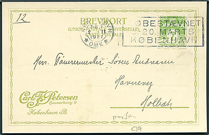 7 øre Bølgelinie med perfin C.F.P. på brevkort fra firma Carl F. Petersen i København d. 2.2.1927 til Holbæk.