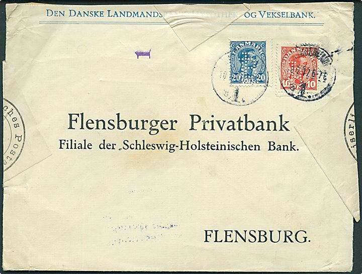 10 øre og 20 øre Chr. X med perfin LB på 2. vægtkl. brev fra Den danske Landmandsbank i Kjøbenhavn d. 10.6.1917 til Flensburg, Tyskland. Åbnet af tysk censur i Flensburg.