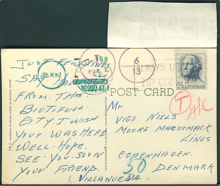 Amerikansk 5 cents Washington på underfrankeret brevkort fra Tampa 1967 til København, Danmark. Udtakseret i porto med 50 øre grønt portomaskinstempel fra København d. 25.8.1967.