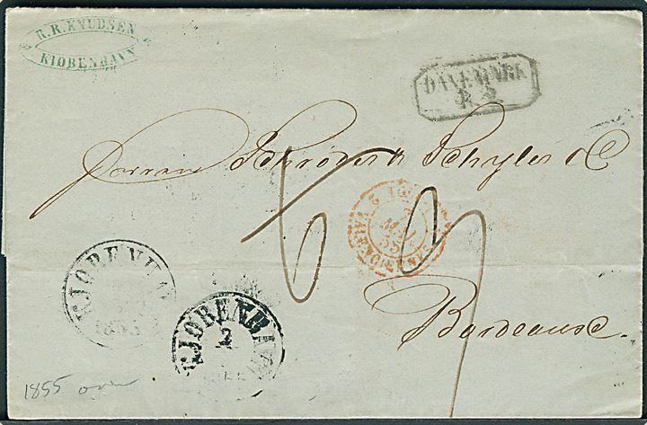 Ufrankeret portobrev fra Kjøbenhavn d. 2.5.1855 via K.D.O.P.A. Ha,burg til Bordeaux, Frankrig. Rammestempel Dänemark R.2.