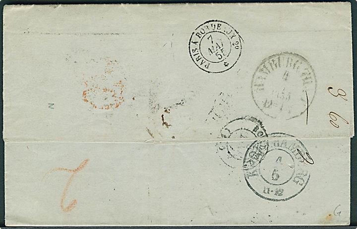 Ufrankeret portobrev fra Kjøbenhavn d. 2.5.1855 via K.D.O.P.A. Ha,burg til Bordeaux, Frankrig. Rammestempel Dänemark R.2.