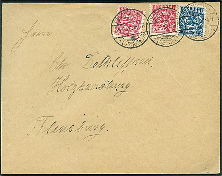 10 pfg. (2) og 20 pfg. Fælles udg. på brev stemplet Glücksburg *(Ostsee) a d. 19.5.1920 til Flensburg.