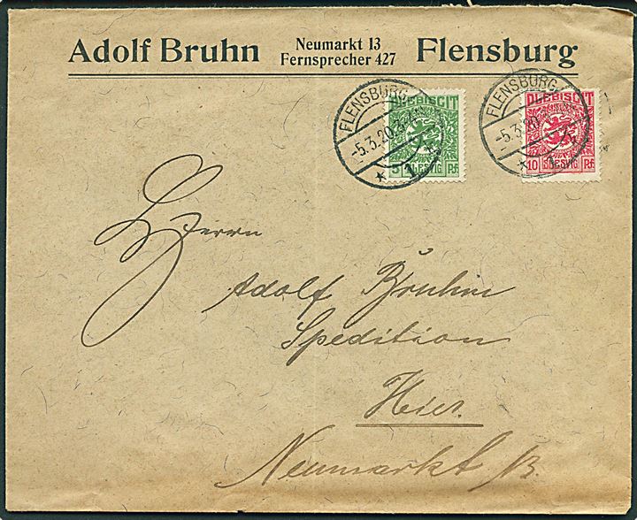 5 pfg. og 10 pfg. Fælles udg. på lokalbrev i Flensburg d. 5.3.1920.
