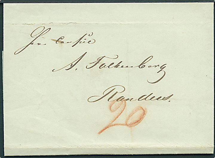 1849. Portobrev med antiqua Pølse-stempel Kjøbenhavn/JRB.PST.EXP. d. 8.5.1849 til Randers. Påskrevet 20 sk. porto.