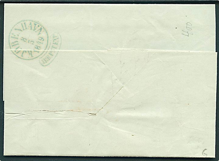 1849. Portobrev med antiqua Pølse-stempel Kjøbenhavn/JRB.PST.EXP. d. 8.5.1849 til Randers. Påskrevet 20 sk. porto.