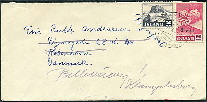 5/35 aur Provisorium og 2 kr. Erhverv på brev fra Reykjavik d. 14.10.1954 til København - eftersendt til Klampenborg.
