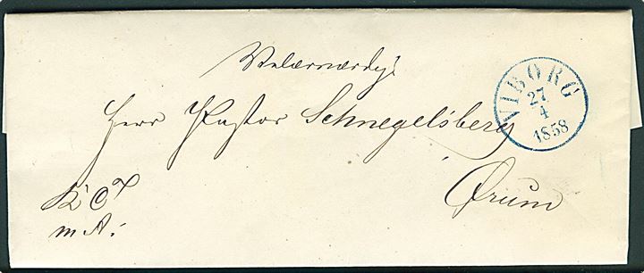 1858. Ufrankeret tjenestebrev mærket K.T.m.A. med blåt antiqua Viborg d. 27.4.1858 til Ørum.