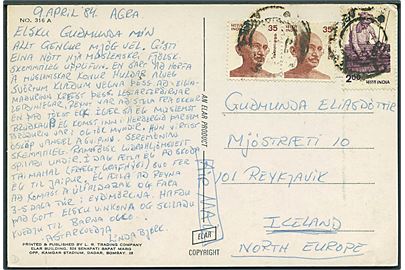 2,70 R. blandingsfrankeret luftpost brevkort dateret Agra d. 9.4.1984 til Reykjavik, Island.