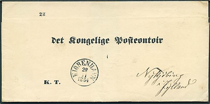1854. Ufrankeret tjenestebrev med antiqua Kiøbenhavn d. 28.11.1854 til det kgl. postkontor i Nykjøbing Jylland.