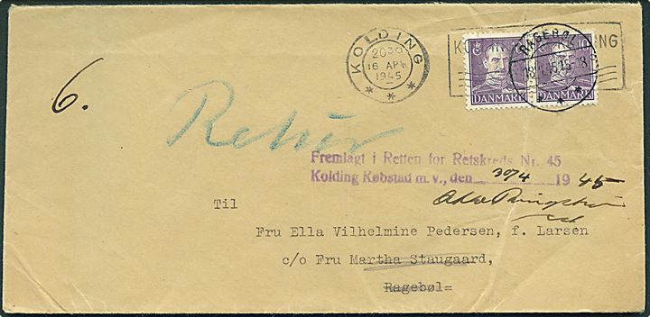 10 øre Chr. X i parstykke på brev fra Civildommeren i Kolding d. 16.4.1945 til Ragebøl. Retur da modtager er flyttet.