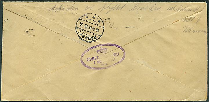 10 øre Chr. X i parstykke på brev fra Civildommeren i Kolding d. 16.4.1945 til Ragebøl. Retur da modtager er flyttet.