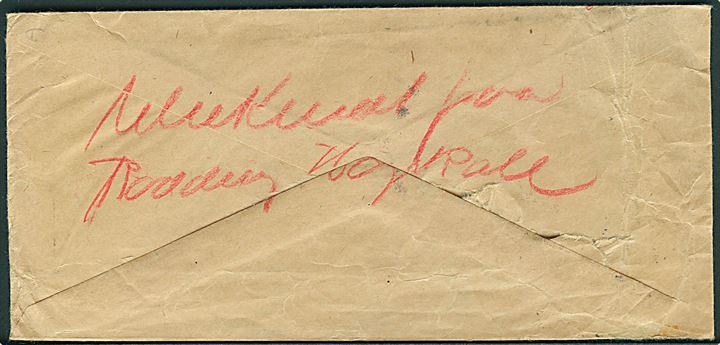 15 øre Karavel på brev fra Kolding d. 2.11.1934 til Viby - forsøgt i både Viby J. og Viby S. - samt eftersendt til Rødding Højskole. 