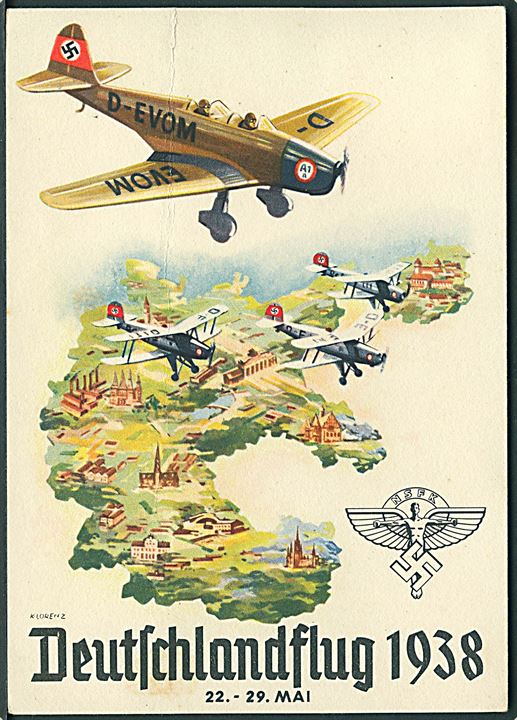 NSFK Deutschlandflug 1938. Frankeret med østrigsk frimærke annulleret med særstempel. Fold.