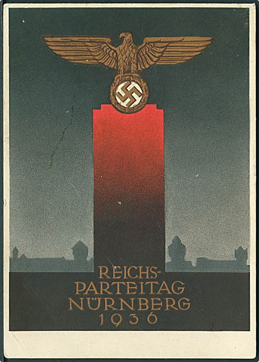 Reichsparteitag i Nürnberg 1936. Festpostkarte frankeret med 6 pfg. og annulleret med særstempel Marschstaffel zum Reichsparteitag der DNSAP Gau Sachsen. Dresden-Hof-Nürnberg Marschpost d. 8.9.1936.