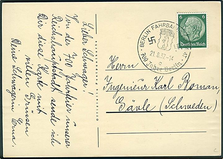 700 Jahre Stadt Berlin. Officiel postkort frankeret med 6 pfg. Hindenburg annulleret med særstempel d. 21.8.1937.