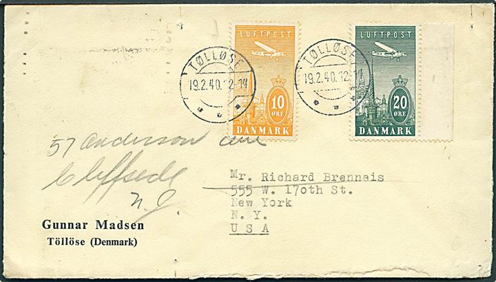 10 øre og 20 øre Luftpost på brev fra Tølløse d. 19.2.1940 til New York, USA - eftersendt.