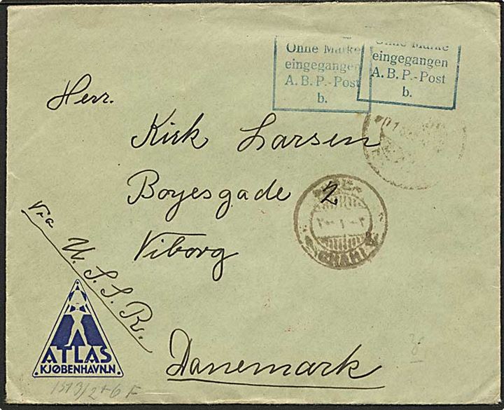 Fortrykt kuvert fra ATLAS montør i Shagi, Iran via USSR til Viborg, Danmark. Stemplet Ohne Marke eingegangen A.B.P.-Post b. ved den tyske censur i Berlin.