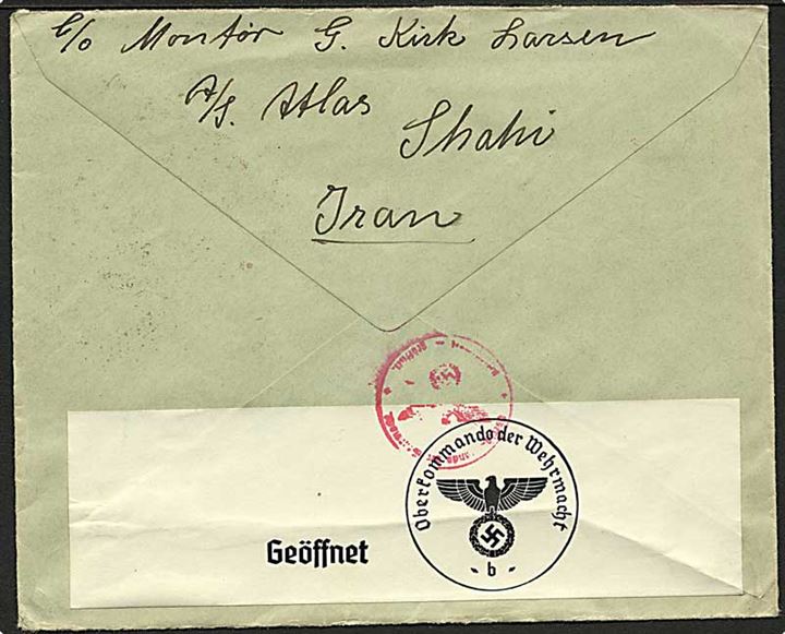 Fortrykt kuvert fra ATLAS montør i Shagi, Iran via USSR til Viborg, Danmark. Stemplet Ohne Marke eingegangen A.B.P.-Post b. ved den tyske censur i Berlin.