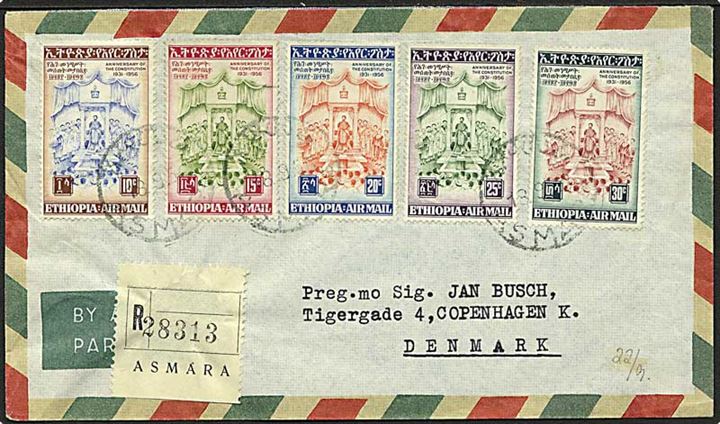25 års Grundlovs jubilæum på anbefalet luftpostbrev fra Asmara d. 18.9.1956 til København, Danmark.