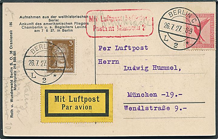 Oceanflyverne Chamberlin og Levine modtages i Tyskland d. 7.6.1927. Seks kort alle sendt som luftpost. Kvalitet 8
