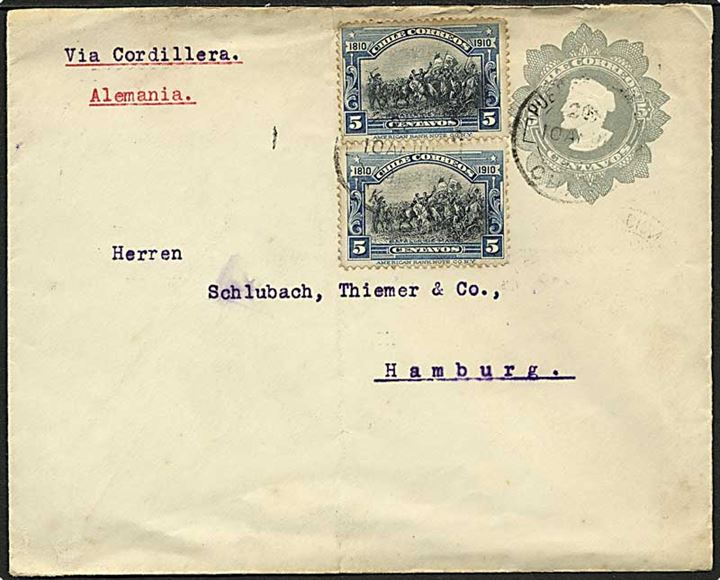 5 c. helsags kuvert opfrankeret med 5 c. i parstykke fra Puerto Montt d. 29.4.1911 via Santiago til Hamburg, Tyskland. Påskrevet: Via Cordillera.