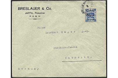13 Mills EEF udg. overtrykt Palestine single på brev fra Jaffa ca. 1920 til Chemnitz, Tyskland.
