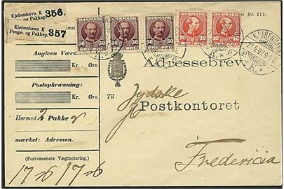 10 øre Chr. IX (2) og 50 øre Fr. VIII (3) på 1,70 kr. frankeret adressebrev for 2 pakker fra København d. 23.9.1907 til Fredericia.