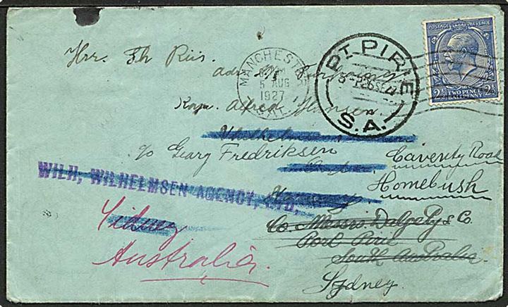 Engelsk 2½d George V på brev fra Manchester d. 5.8.1927 til norsk skib S/S Tourcoing via Wilh. Wilhelmsen Line i Oslo, Norge - eftersendt til Sydney og Port Pirie, Australien. Fra sømand ombord på S/S Vestfos.